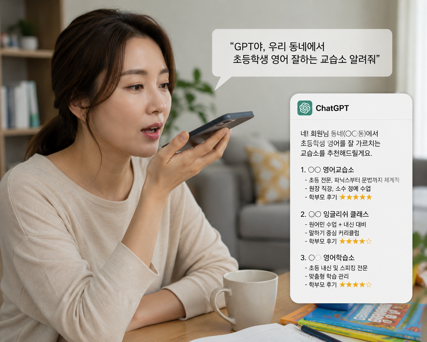 학부모가 AI에게 동네 교습소를 추천받는 장면